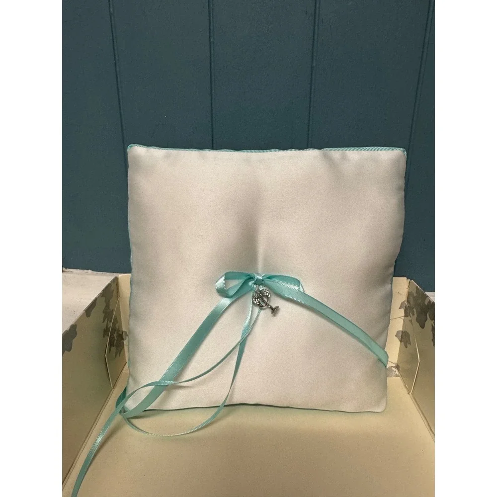 Wedding Ring Pillow Holder Teal Ribbon palm tree Charm Beach